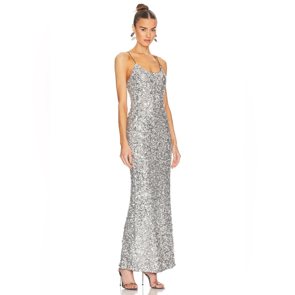 Alice + Olivia Nelle Embellished Fitted Maxi Dress in Black & Gunmetal